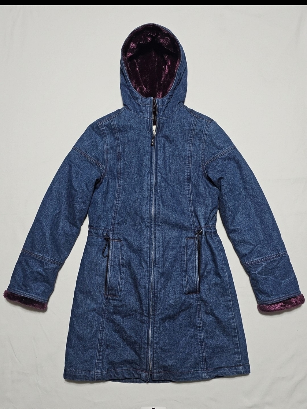 Vtg Y2K Chill Outwear Denim Parka Coat Small Burgundy Faux Fur Lined Long Jacket